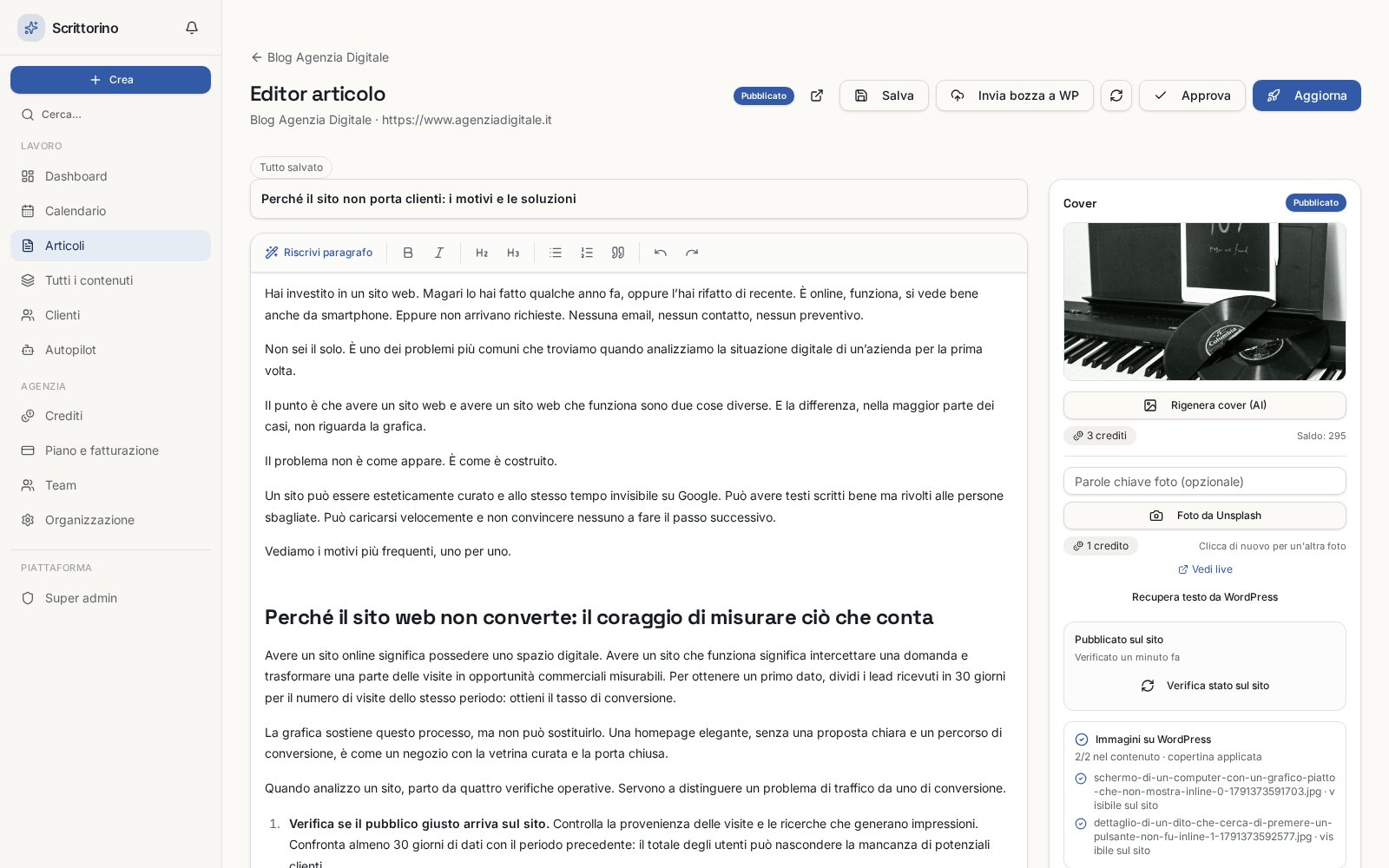 Editor di un articolo in Scrittorino con testo, foto di copertina e immagini interne