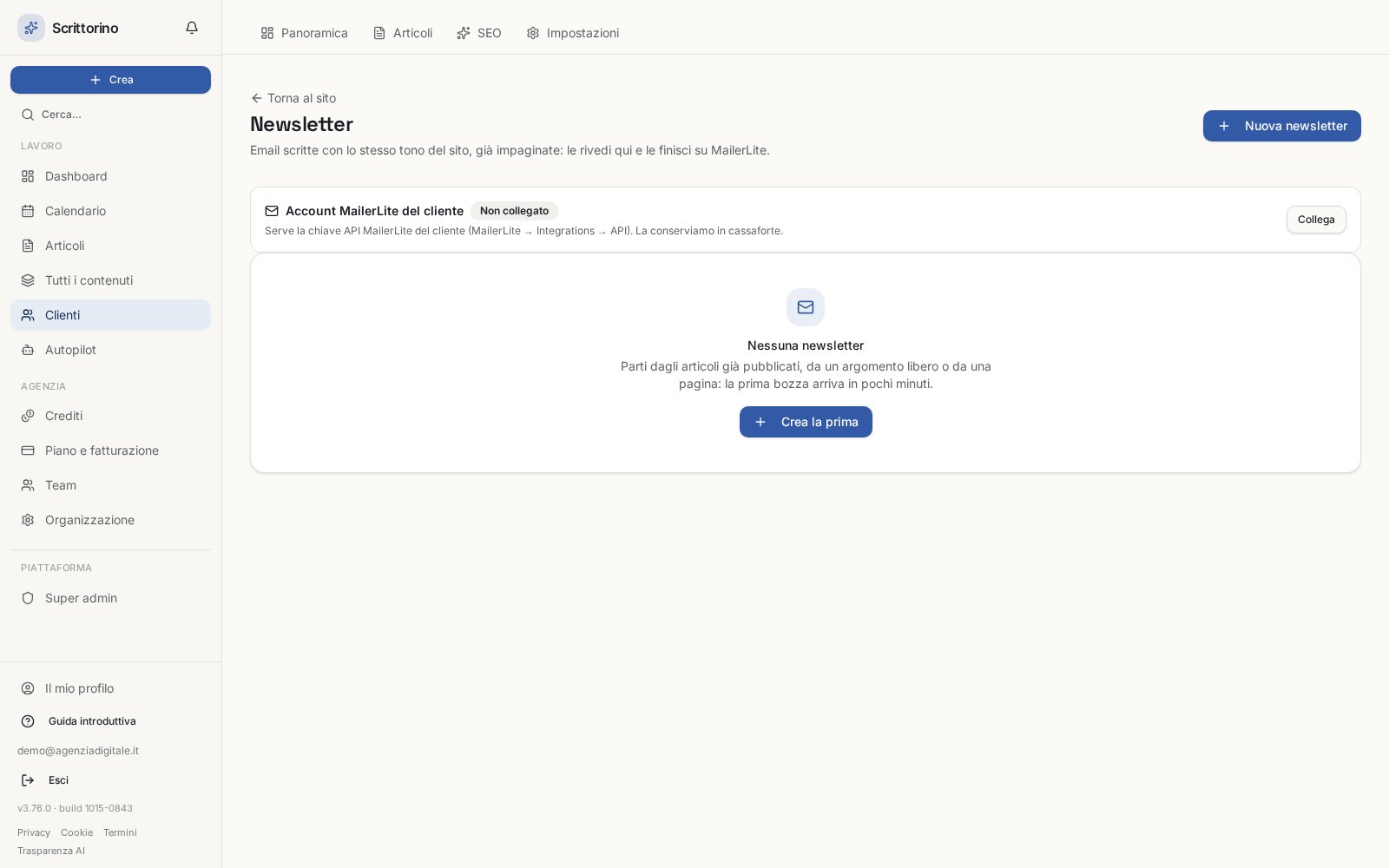 Finestra di creazione newsletter in Scrittorino con i tre modi di partire